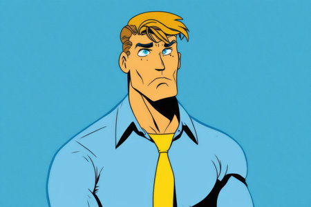 Portrait of a man in comics style on a blue backgroundの写真素材