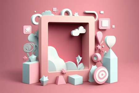 3d illustration of abstract geometric shapes composition in pink and blue colorsの素材