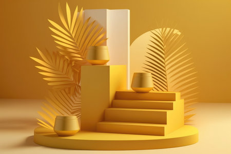 3d render of abstract minimal geometric forms. Glossy golden podium for product presentation with palm leaves. fashion show stageの素材