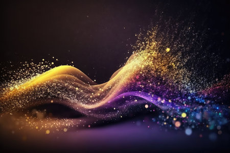 Abstract colorful glittering particles wave on dark background with copy spaceの素材
