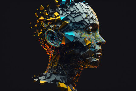 Futuristic polygonal human head on black backgroundの素材