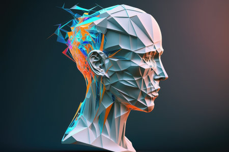 Abstract polygonal human head on dark backgroundの素材