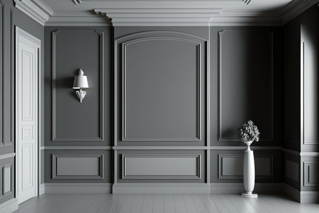 Classic interior with black walls, moldings and a vase with flowersの素材