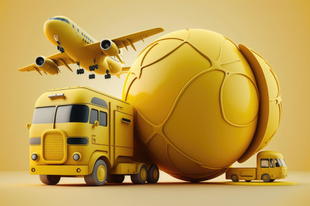 Yellow truck carrying a soccer ball and a yellow van with a planeの素材