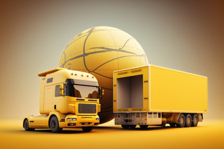3d illustration of yellow truck with globe and trailer on color backgroundの素材