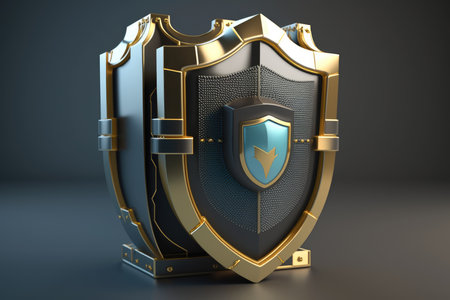 3d illustration of golden shield on dark background. security conceptの素材