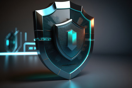 Cyber security concept. Shield with shield. 3d illustrationの素材