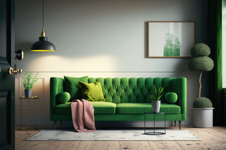 Interior of modern living room with green sofa, carpet and plantの素材
