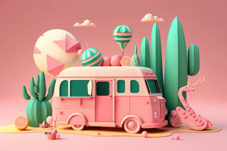 Cute pink van with fruits and toys in the desertの素材