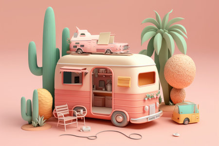 Camper van with palm trees and cactiの素材