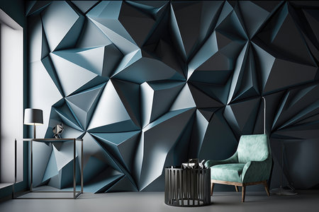 Interior of modern living room with gray and blue geometric patternの素材
