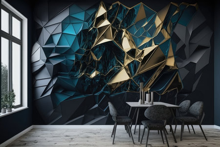 Interior of modern dining room with dark blue and yellow walls, wooden floor, round table with gray armchairs and round coffee tableの素材