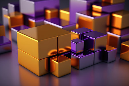3d illustration of abstract geometric background with golden and purple cubesの素材