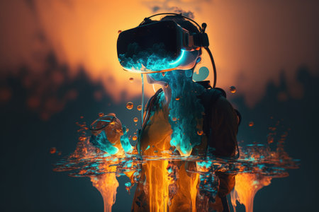 Woman wearing virtual reality goggles. future technology conceptの素材