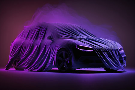 Car covered with cloth, 3d render, illuminated by neon lightの素材