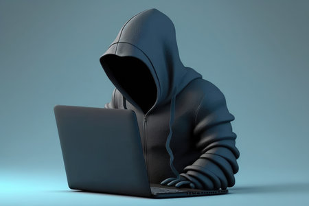 Hooded hacker with laptop on blue background. 3D illustrationの素材