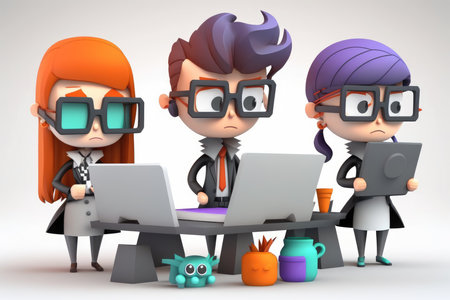 3D Illustration of a group of business people working on a laptopの素材