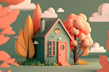 house in the autumn forest. 3d illustrationの素材
