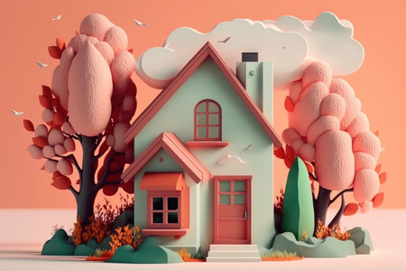 Fantasy house with trees and cloudsの素材