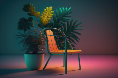 Modern chair with tropical plant in potの素材