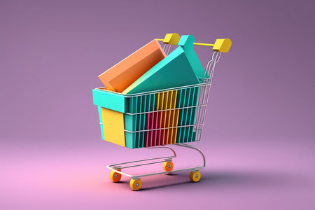 Shopping cart with colorful books on purple backgroundの素材
