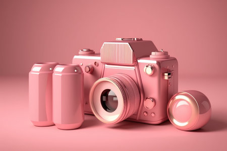 3d rendering of a pink retro camera on a pink backgroundの素材