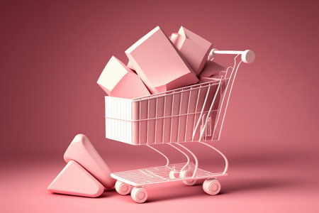 Shopping cart with boxes on a pink backgroundの素材