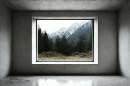 Window in a concrete room with mountains in the backgroundの素材