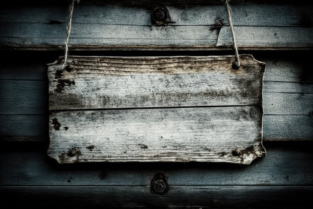 Old wooden signboard hanging on a wooden wall. Toned.の素材