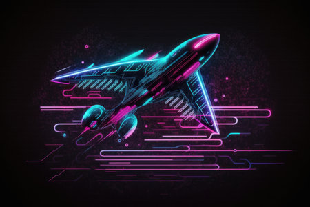 Illustration of a flying airplane in neon style on dark backgroundの素材