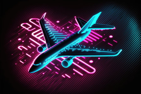 Airplane in neon style on a dark backgroundの素材
