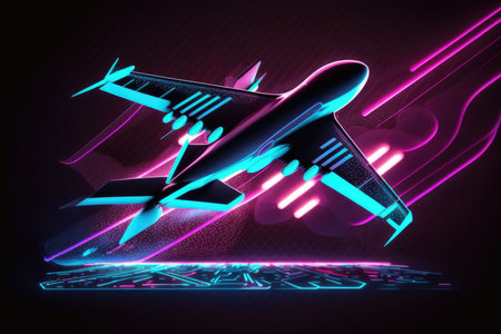 Abstract technology background with airplane. Illustration in neon styleの素材