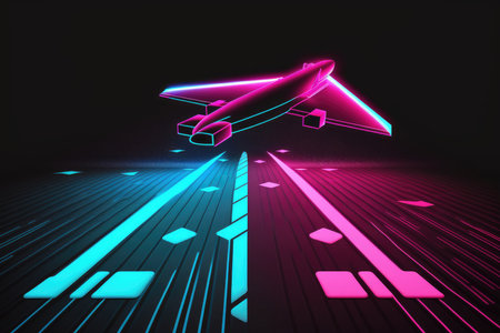Airplane in neon light on a dark backgroundの素材