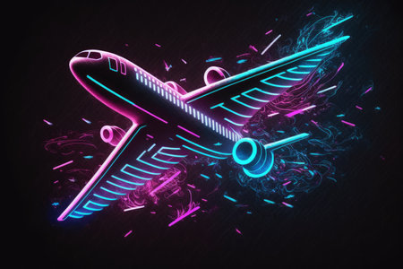 Glowing neon airplane icon on dark backgroundの素材