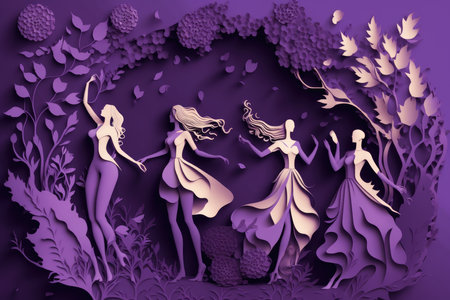 3d illustration of beautiful girls in the garden. paper cut styleの素材