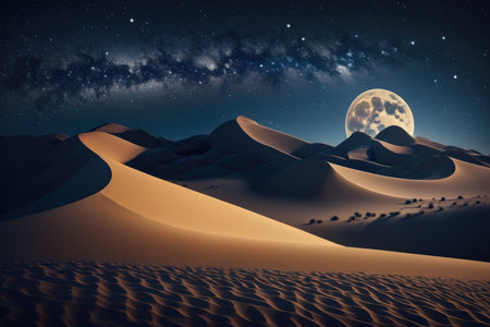 desert sand dunes at night with full moonの素材