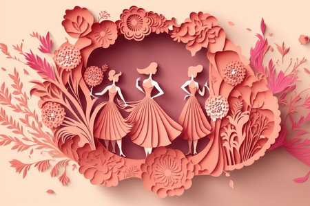 Beautiful women in elegant dress with flowers in paper cut styleの素材