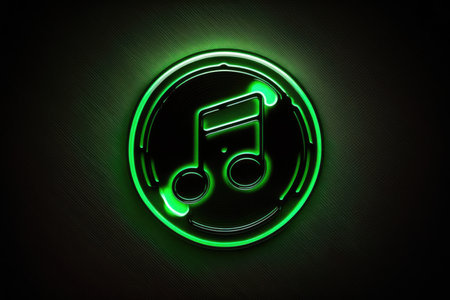 Green neon music note icon on dark backgroundの素材