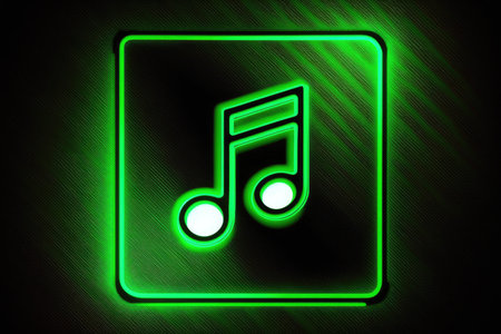 Music note icon in green neon light on black backgroundの素材