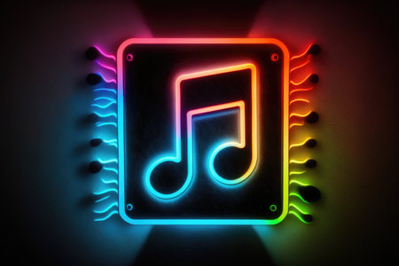 Neon music icon on dark backgroundの素材