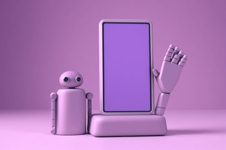 Robot and smartphone with blank screen on purple backgroundの素材