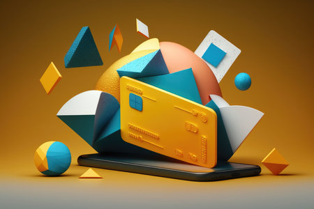 Mobile phone with credit card and colorful geometric shapesの素材
