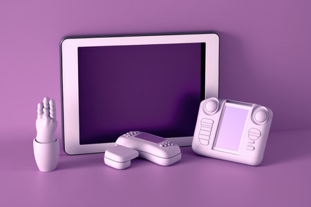 Tablet PC and gamepad on purple backgroundの素材