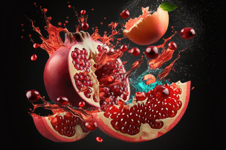 Splash of pomegranate juice with fruits on black backgroundの素材