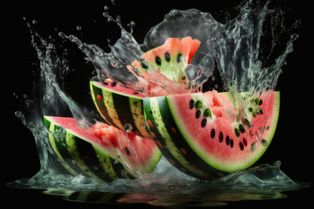 Watermelon with water splash isolated on black backgroundの素材