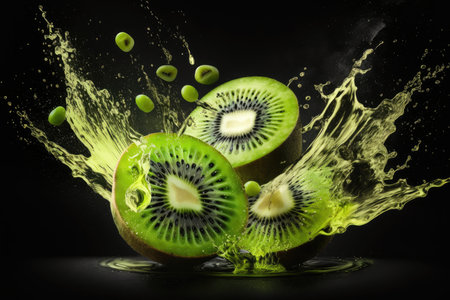 Kiwi fruit splashing into water on black background with copy spaceの素材