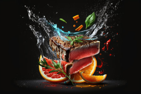 Fresh juicy meat with splashes of water on a black backgroundの素材