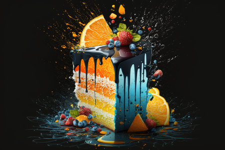 Slice of orange cake with fruit splashes isolated on black backgroundの素材