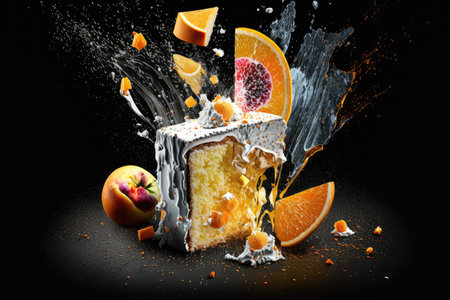 Piece of cake with orange slices and splashes on black backgroundの素材