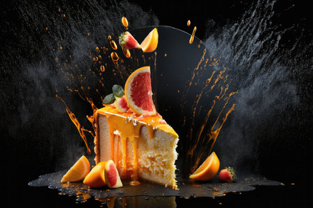 Orange cake with splashes and fruits on a black backgroundの素材